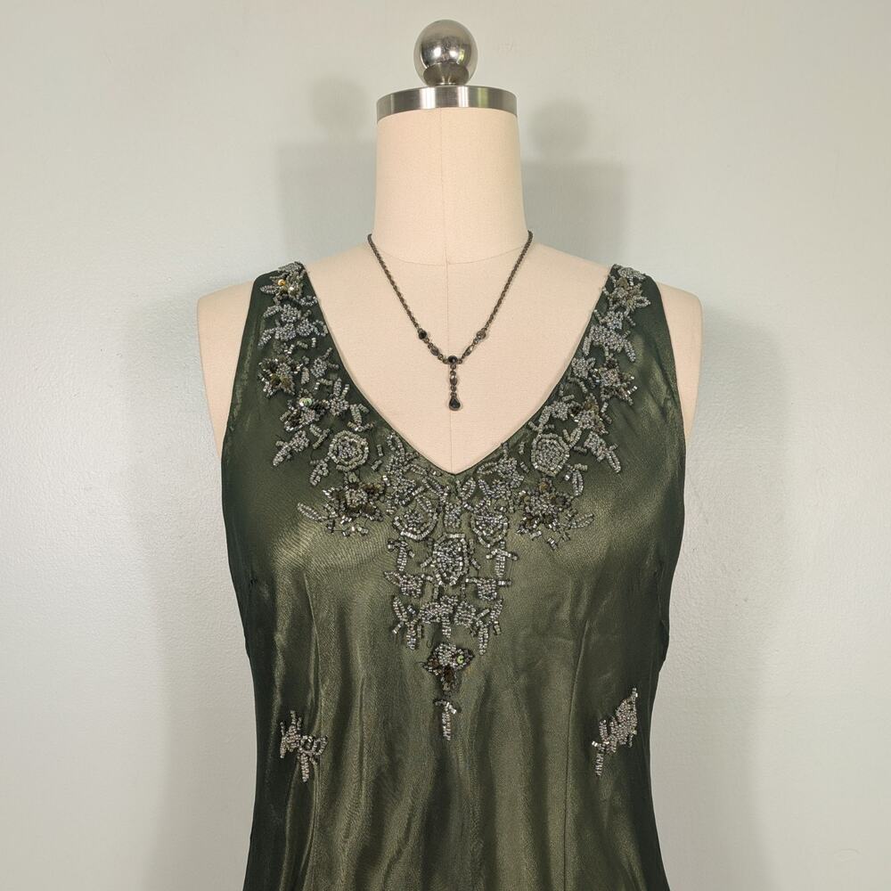 Vintage Scala Midi Dress Cocktail Gown XL Green Silk Bead Gatsby Fairy Grunge - Picture 7 of 16